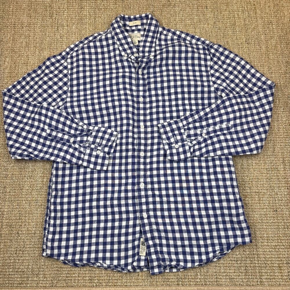 🌊 J.Crew x Baird McNutt | Irish Linen | Mens L Slim | Blue Gingham Button Down